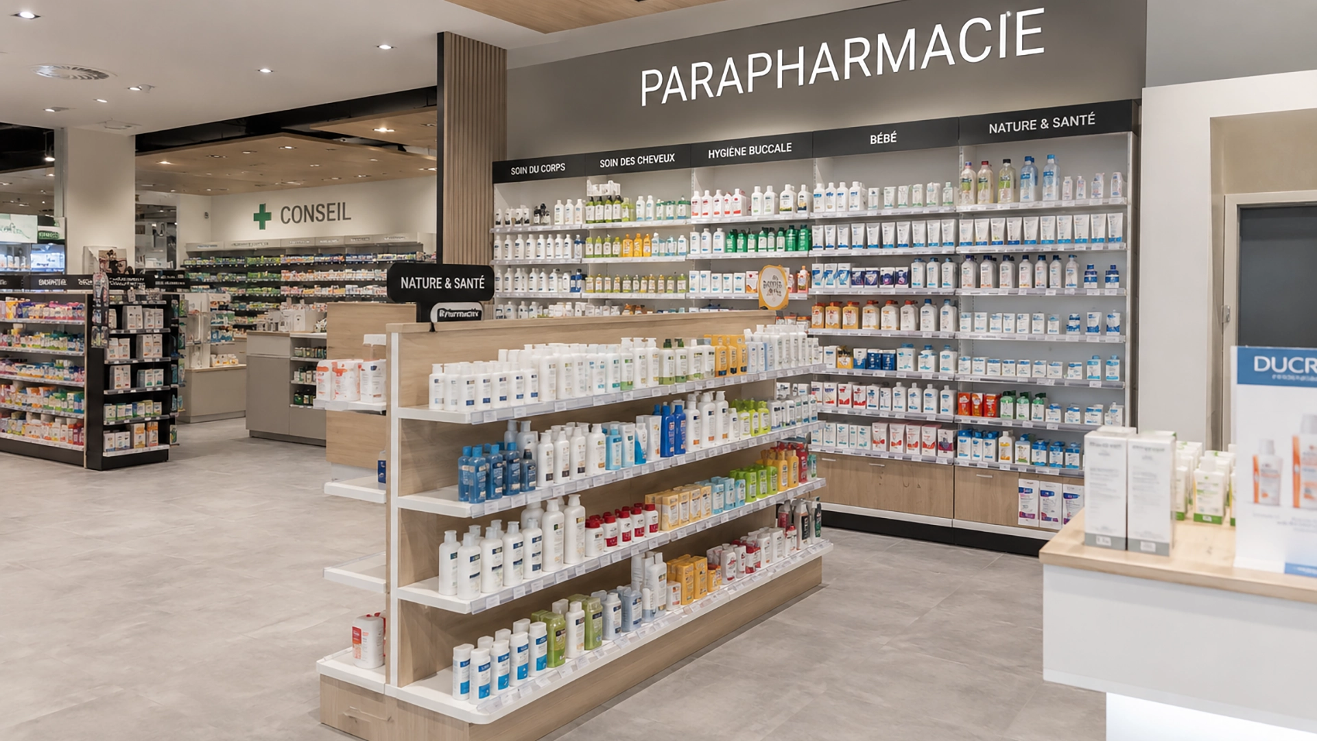Aménagement intérieur d’une parapharmacie conçu par Store Makers Group